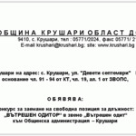 Община Крушари търси специалисти за "Вътрешен Одитор"