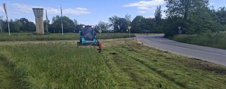 Общински служители разчистват растителността около кръговите кръстовище на изходите на Добрич